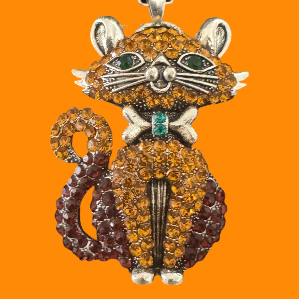 Orange and red sitting pretty kitty necklace / brooch. Silver plate.